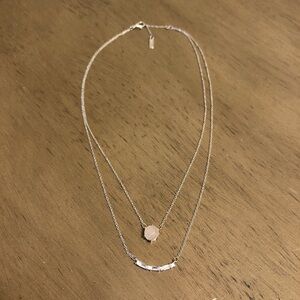 Silver Tone Layered Necklace With Quartz Gemstone and Rhinestones